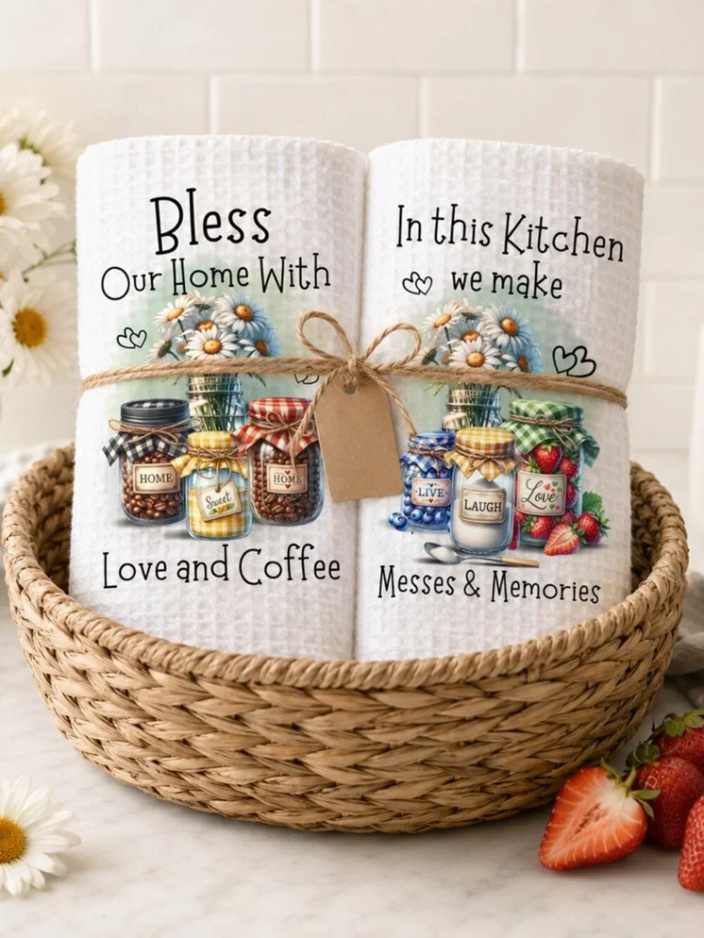 Bless Our Home Kitchen Towel Set, Love And Coffee Dish Towel Daisy Mason Jar